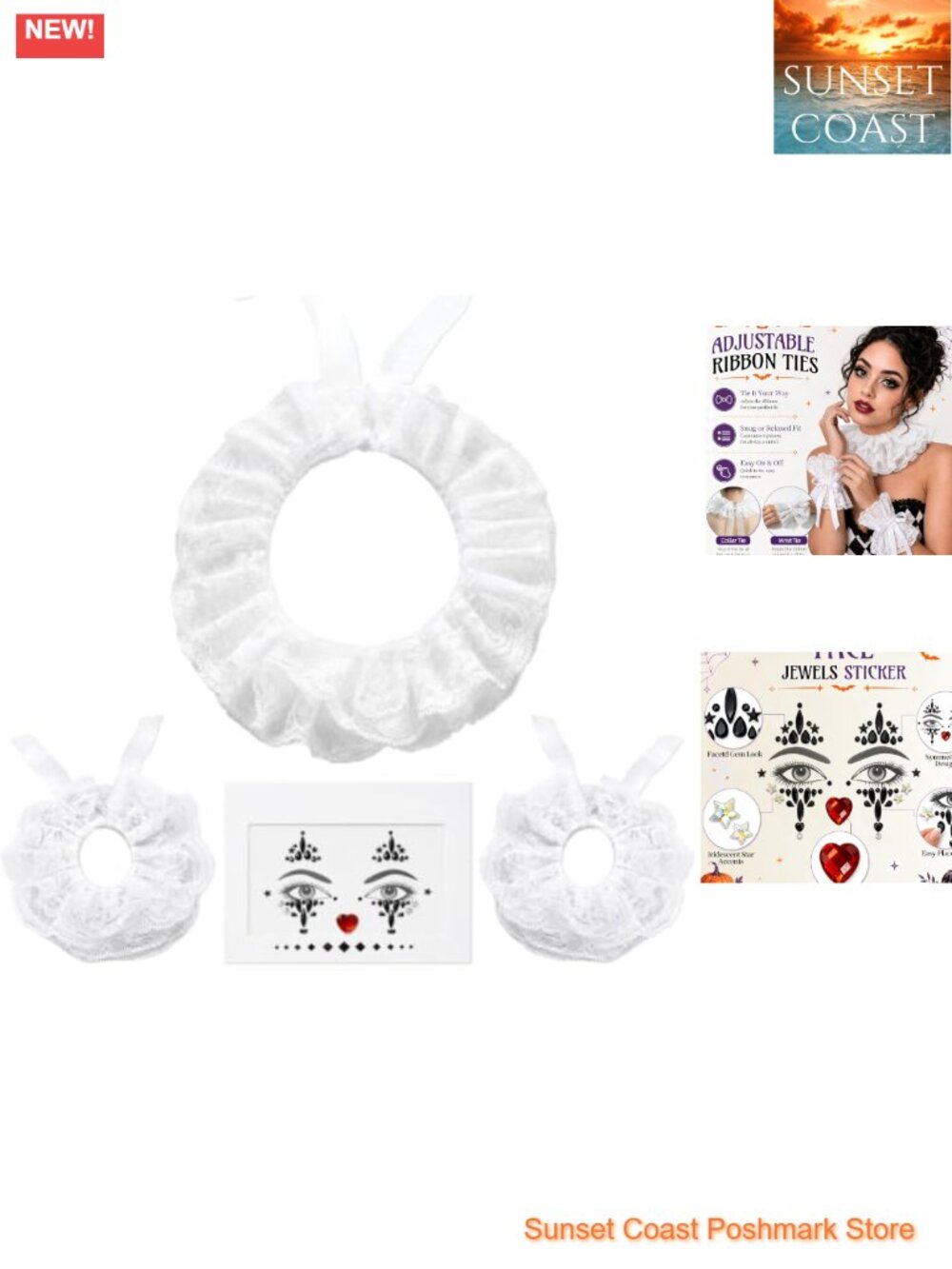 Lace Neck Ruffle Collar Wrist Cuffs Clown Face Gems Set Cosplay